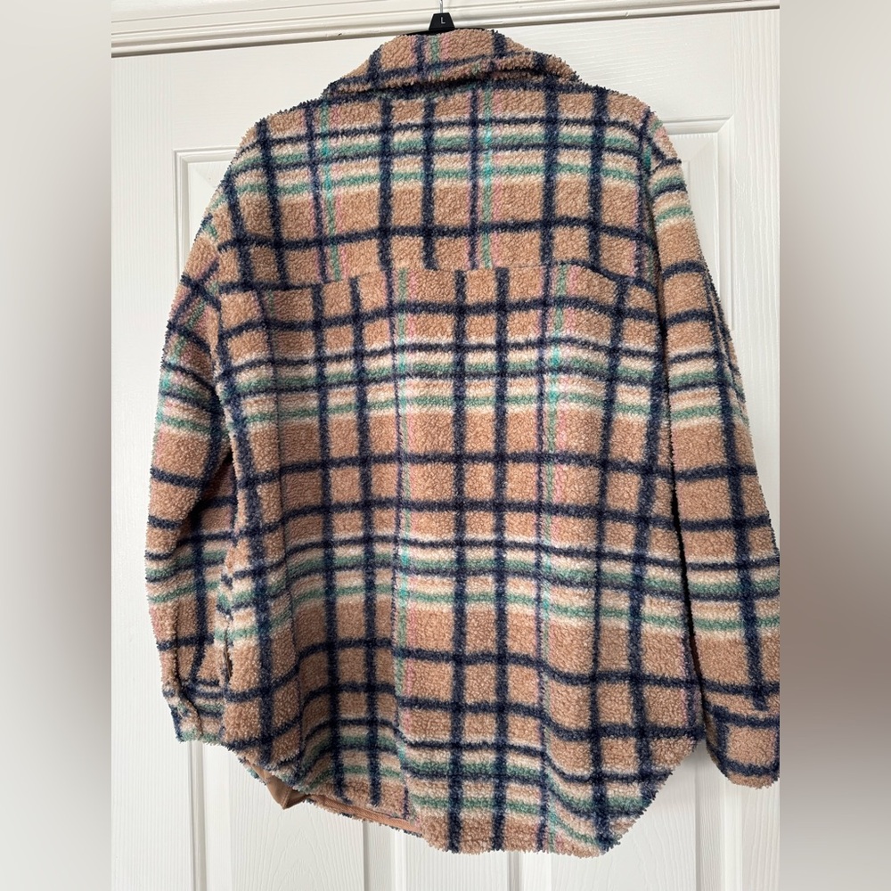 Sweatshirt Project Plaid Teddy Jacket in Tan and Blue women’s large - Picture 2 of 3
